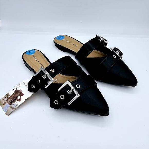 Sincerely Jules Black Buckle Pointed Toe Flats Mules NWT - Picture 1 of 10